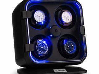 KLARSTEIN Caja Relojes Automáticos, Caja Giratoria Relojes 4 Compartimentos, Cajas para Relojes con Luz, Estuche para Reloj, 3 Velocidades de Rotación, Relojero con Cojines, Watch Winder, Negro