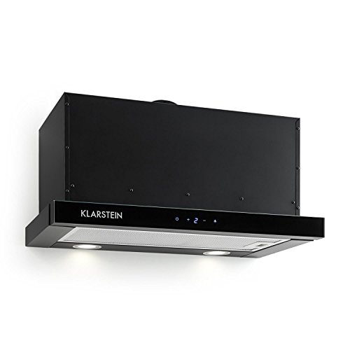 Klarstein Vinea - Campana extractora 60 cm cocina bajo mueble extraible, Vidrio de seguridad, 610 m³/h máx. extracción humo, Iluminación, Filtro de grasa, Clase Energética A, Negro
