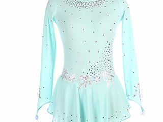 Kmgjc Vestido de Hielo de Patinaje for niñas Mujeres Hechas a Mano Competencia de Patinaje artístico Patinaje de Vestuario Vestido de Largo Envuelto Rhinestone luz Verde