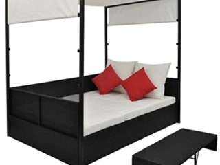 Ksodgun Cama de jardín con toldo ratán sintético Tumbona con Toldo y Cortinas Negro 190x130 cm