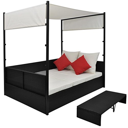 Ksodgun Cama de jardín con toldo ratán sintético Tumbona con Toldo y Cortinas Negro 190x130 cm