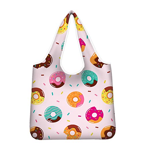 Kuiaobaty Bolso de compras reutilizable plegable en una bolsa grande de la familia de la bolsa de comestibles para viajes, Donuts coloridos