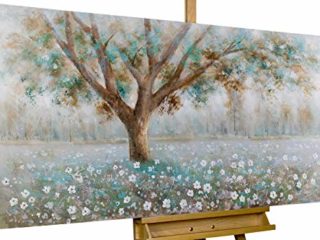 Kunstloft® Cuadro acrílico 'Susurro de árboles' 140x70cm | Original Pintura XXL Pintado a Mano en Lienzo | Árbol Flores marrón Turquesa Lienzo | Mural acrílico de Arte Moderno en una Pieza con Marco