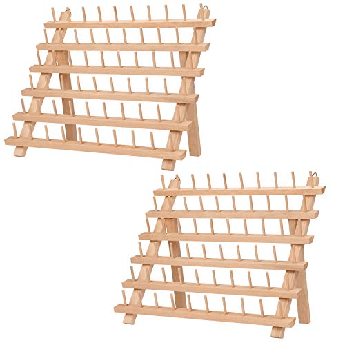 Kurtzy Porta Hilos de Madera 60 Carretes de Hilo (Pack de 2) - Organizador Costura de Mesa con Ganchos para Colgarlo - Organizador de Hilos de Madera de Haya Soporte Hilos Bordar, Costura, Colchas