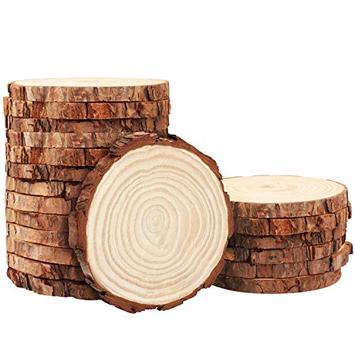 Kurtzy Rodajas de Madera sin Acabado Círculos de Madera Natural (Pack de 20) Disco de Madera 10-11 cm y 10 mm de Grosor - Troncos de Madera con Corteza y Acabado Suave - Decoración, Posavasos, Navidad