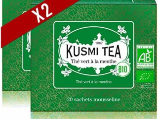 Kusmi Tea -Té verde de menta orgánica – Para beber caliente o en té helado – Bebida desincrustante tradicional – auténticas hojas de menta – Juego de 2 cajas - 2x20 bolsas de té - 40 tazas