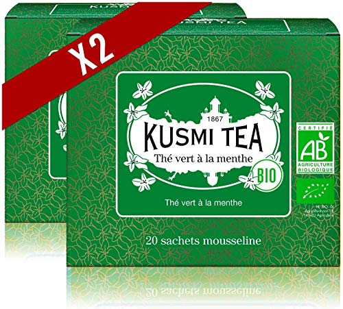 Kusmi Tea -Té verde de menta orgánica – Para beber caliente o en té helado – Bebida desincrustante tradicional – auténticas hojas de menta – Juego de 2 cajas - 2x20 bolsas de té - 40 tazas