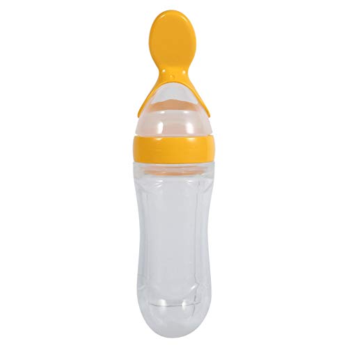 Kuuleyn Biberón de alimentación de Cereales para bebés, Cuchara de bebé, 1 Botella de Silicona de 90 ml con alimentador de Cuchara para Exprimir Cereales para Alimentos Frescos Calientes (Amarillo)