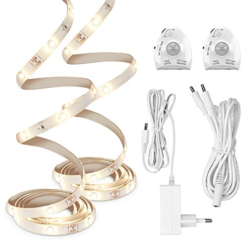kwmobile Luz LED de cama con sensor - 2 Tiras de luces regulables - Cinta de luces con sensor de movimiento - Iluminación en blanco cálido