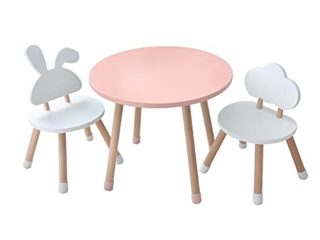 KYWAI-Juego de Mesa y Dos sillas Infantiles Muebles para niños De Madera Color Rosa y Blanco Mesa pequeña Redonda Estilo nordico Escritorio Infantil Dormitorio
