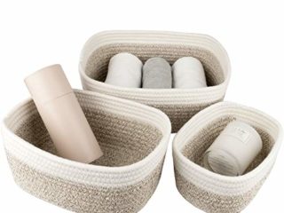 La Jolíe Muse Cestas almacenaje de algodón Tejido con Cuerda, Juego de Cajas de almacenaje, cestas baño, cestas organizadoras Cocina y Dormitorio, cestas almacenaje Bebe, Blanco y marrón Claro, Set 3