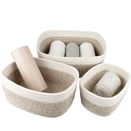 La Jolíe Muse Cestas almacenaje de algodón Tejido con Cuerda, Juego de Cajas de almacenaje, cestas baño, cestas organizadoras Cocina y Dormitorio, cestas almacenaje Bebe, Blanco y marrón Claro, Set 3