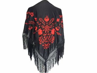 LA SEÑORITA Mantón de Manila Negro con bordados Rojo, GRANDE, Mantones de Flamenca para el Vestido de Feria, Sevillana o Flamenca. [190 x 90 cm] Tamaño Ideal para Todas las Edades [Niña & Mujer]