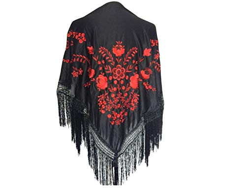 LA SEÑORITA Mantón de Manila Negro con bordados Rojo, GRANDE, Mantones de Flamenca para el Vestido de Feria, Sevillana o Flamenca. [190 x 90 cm] Tamaño Ideal para Todas las Edades [Niña & Mujer]