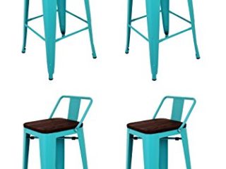 La Silla Española - Pack 4 Taburetes estilo Tolix con respaldo y asiento acabado en madera. Color Turquesa. Medidas 95x43x43