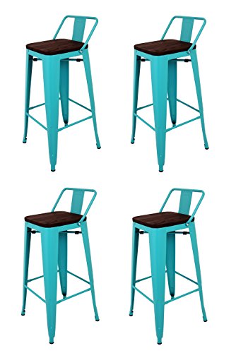 La Silla Española - Pack 4 Taburetes estilo Tolix con respaldo y asiento acabado en madera. Color Turquesa. Medidas 95x43x43