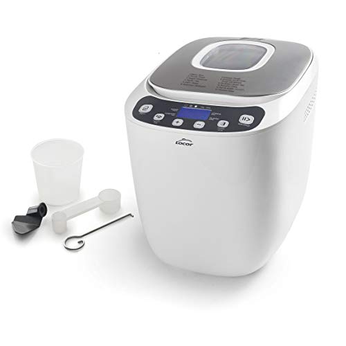 Lacor 69334 - Panificadora automática, mezcla, amasa, fermenta y hornea, libre de PFOA, 12 programas y especial sin Gluten, Pantalla LCD, incluye recetario, 550W, Blanco