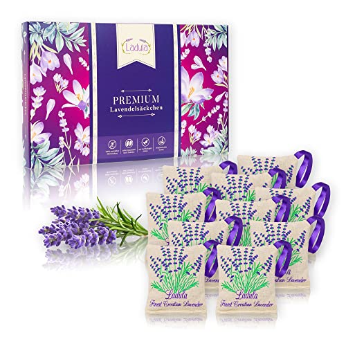 LADULA 10 saquitos de lavanda con flores de lavanda – Antipolillas natural contra polillas – Sacos perfumados para armario – Fragancia de larga duración – Pequeños cojines de lavanda para dormir