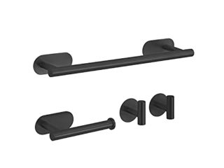 Laimew Juego de Accesorios de baño de 4 Piezas sin taladrar Acero Inoxidable Negro Barra de Toalla de 16 Pulgadas Soporte para Papel higiénico 2 Ganchos para Batas
