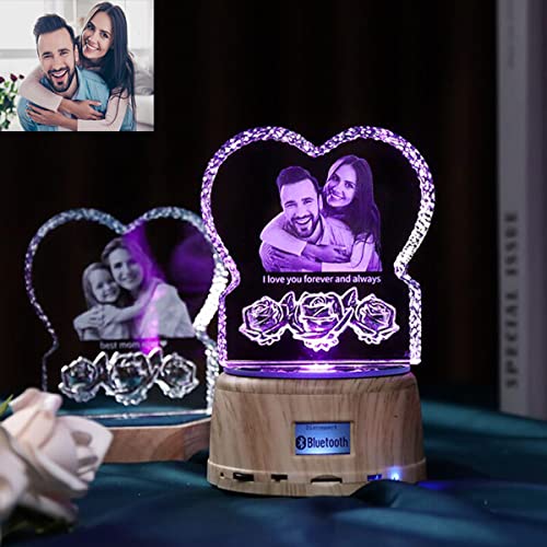 lampara foto personalizada Luz de noche de foto de cristal 3D de imagen grabada con reproductor de música con base de madera Bluetooth Lámpara de 7 colores Regalo para el día de la madre para mujeres