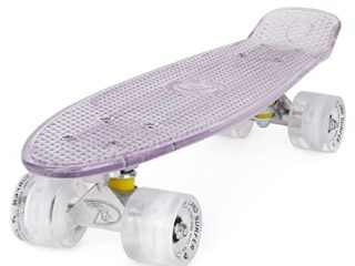 Land Surfer® Skateboard Cruiser Retro 56cm con Tabla Coloreada Transparente – cojinetes ABEC-7 – Ruedas Que se iluminan 59mm PU + Bolsa para el Transporte - Tabla Transparente/Ruedas Blancas LED