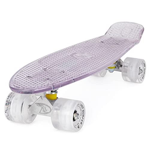 Land Surfer® Skateboard Cruiser Retro 56cm con Tabla Coloreada Transparente – cojinetes ABEC-7 – Ruedas Que se iluminan 59mm PU + Bolsa para el Transporte - Tabla Transparente/Ruedas Blancas LED