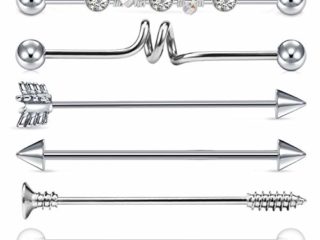 LAURITAMI 6pcs Piercing Industrial Diamante 38mm Barra Larga Oreja Pendientes Acero Quirúrgico 14G Cartílago Cristal Retenedor Joyas