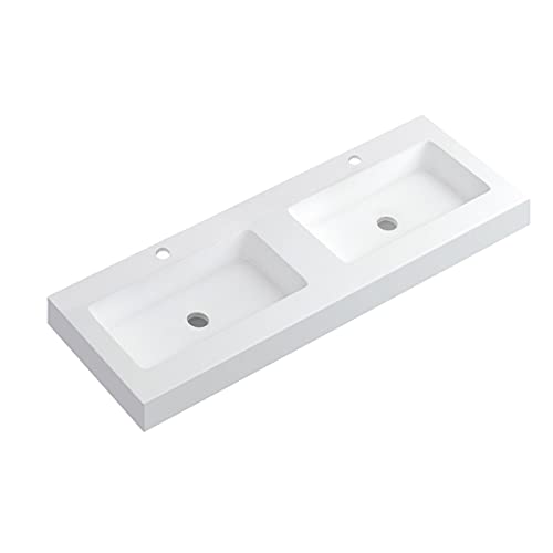 Lavabo con Faldón para Baño Solid Surface Suspendida | Lavabo Flotante (Un Seno Centrado ó 2 Senos)| Fondo 46cm | Espesor 10cm | 160 cm., Blanco Mate (2 Senos)