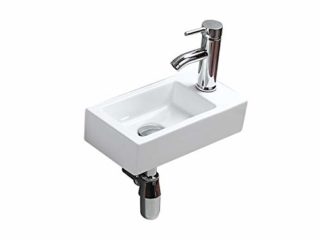 Lavabo de Cerámica Montado en la Pared Pequeño Blanco Lavabo de Rectángulo Lavabo a Mano Derecha para Guardarropa Baño Aseo