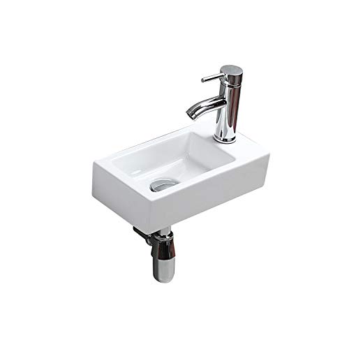 Lavabo de Cerámica Montado en la Pared Pequeño Blanco Lavabo de Rectángulo Lavabo a Mano Derecha para Guardarropa Baño Aseo