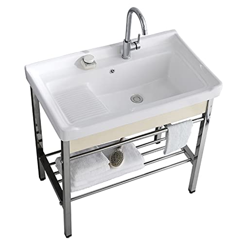 Lavabo Mueble de tocador Tina de lavandería con soporte de acero inoxidable, Lavabo de porcelana para baño independiente, Lavabo de balcón con tabla de lavar, Grifo de acero inoxidable para agua frí