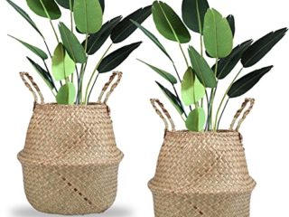 Lawei 2 Piezas Seagrass Cesta de cesteria de Mimbre Plegable Colgante Maceta Cesta de Almacenamiento de Flor Cesta de Lavandería Plegable Trenzada Suciedad - S