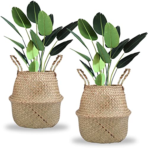 Lawei 2 Piezas Seagrass Cesta de cesteria de Mimbre Plegable Colgante Maceta Cesta de Almacenamiento de Flor Cesta de Lavandería Plegable Trenzada Suciedad - S