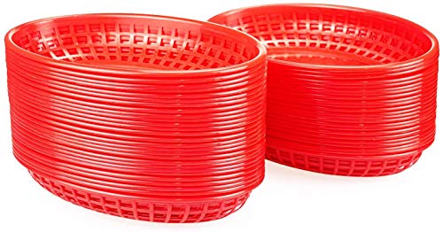 Lawei Paquete de 50 cestas ovaladas de plástico para comida rápida para papas fritas, hamburguesas, sándwiches, picnics, barbacoas, fiestas, color rojo