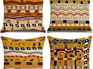 LAXEUYO Juego de 4 Cojin Fundas 45x45 cm, Étnico Africano Antiguo Algodón Lino Decorativa Hogar Almohadas Fundas para Sofá Cama Decoración para Hogar