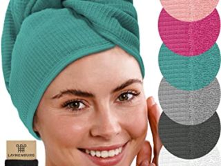 LAYNENBURG Turbante para el Pelo de Primera Calidad con 2 Botones - 100% algodón - Toalla Turbante de piqué y Rizo - botón de Toalla para el Pelo Corto y Largo - Secado rápido (Turquesa)