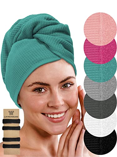 LAYNENBURG Turbante para el Pelo de Primera Calidad con 2 Botones - 100% algodón - Toalla Turbante de piqué y Rizo - botón de Toalla para el Pelo Corto y Largo - Secado rápido (Turquesa)