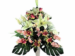 LBA Centro de Flores Artificiales para Cementerio, Preparado para Introducir en los Botes de Tumbas o Nichos. Varios Modelos. (Blanco y Rosa)