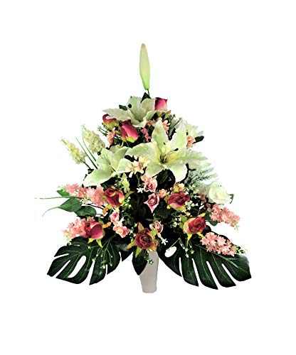 LBA Centro de Flores Artificiales para Cementerio, Preparado para Introducir en los Botes de Tumbas o Nichos. Varios Modelos. (Blanco y Rosa)