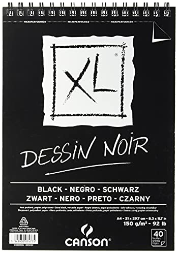 Álbum Espiral Microperforado, A4, 40 Hojas, Canson XL Black, Grano Fino 150g Negro