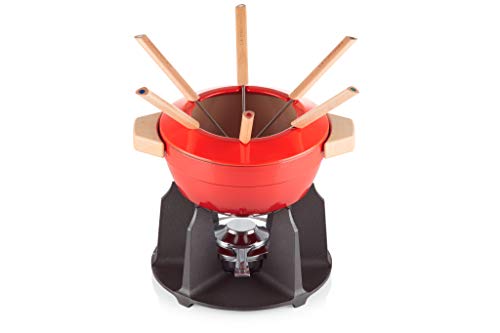 Le Creuset Set de fondue de hierro fundido, Con 2 asas de madera, tapa antisalpicaduras, quemador y 6 tenedores para fondue, Volumen 2.3 L, Cereza
