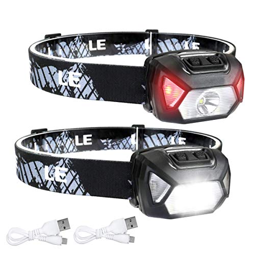 LE Linterna Frontal LED Recargable 2000lux (2 Pack), Linterna Cabeza USB Recargable D500, 6 Modos de Luz con Luz Rojo, Impermeable IPX6, Luz Frontal Cabeza para Correr, Camping, Excursión, Pesca