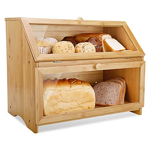 Leader Accessories Caja de pan, caja de pan de doble capa para cocina y panadería, almacenamiento de alimentos de bambú de gran capacidad, caja de pan aromatizante