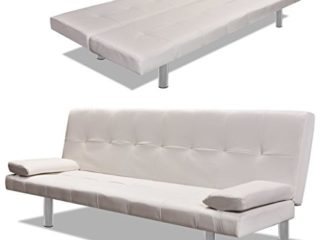 Lechnical Sofá Cama con Dos Almohadas Ajustable Cuero Artificial Crema Mueble Salón y Cama Matrimonio Plegable sin Reposabrazos Sofá