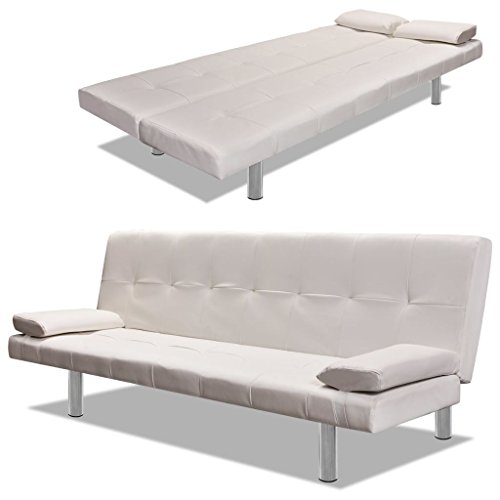 Lechnical Sofá Cama con Dos Almohadas Ajustable Cuero Artificial Crema Mueble Salón y Cama Matrimonio Plegable sin Reposabrazos Sofá