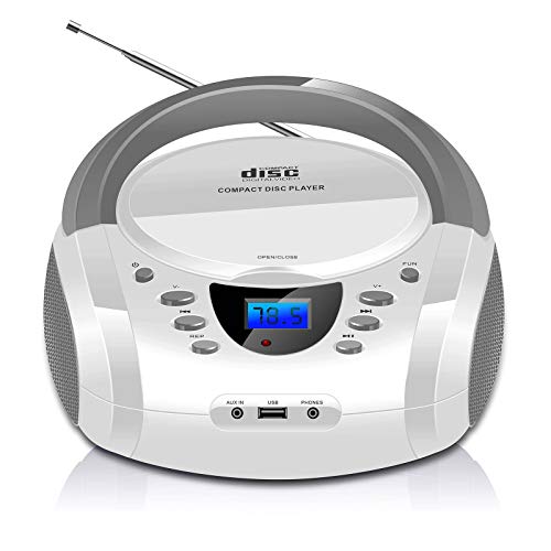 Lector CD Portátil Blanco, LONPOO Compacto Reproductor de CD Portátil con Altavoz Estéreo Mejorado, Entrada USB, Radio FM Portatil con Bluetooth, Entrada AUX y Conector para Auriculares