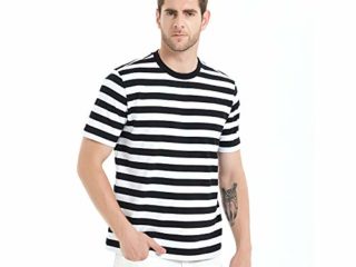 LEDING&BEST Manga Corta de Hombre de algodón Spandex Stripe Camiseta de Hombre Cuello Redondo Casual Top Ropa/T-Shirt (Negro/Blanco/Manga Corta, XX-Large)