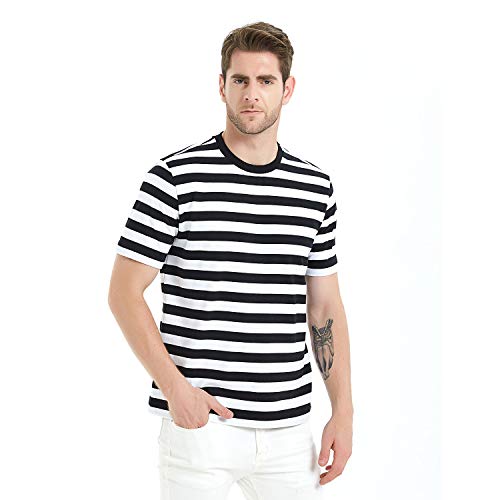 LEDING&BEST Manga Corta de Hombre de algodón Spandex Stripe Camiseta de Hombre Cuello Redondo Casual Top Ropa/T-Shirt (Negro/Blanco/Manga Corta, XX-Large)