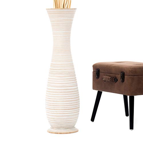 LEEWADEE jarrón Grande para el Suelo – Alto, jarrón Hecho a Mano de Madera de Mango, contenedor de pie para Las Ramas Decorativas, 90 cm, White Wash