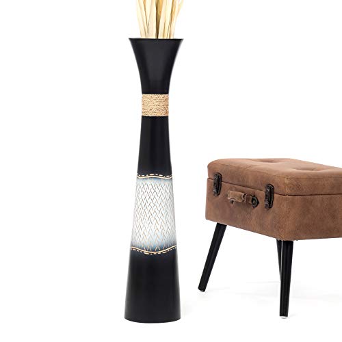 LEEWADEE jarrón Grande para el Suelo – Alto, jarrón Hecho a Mano de Madera de Mango, contenedor de pie para Las Ramas Decorativas, 90 cm, Negro Blanco